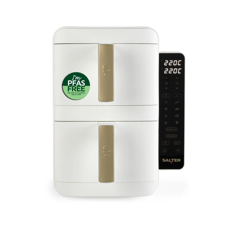 Salter VertiCook Ultra Stackable Air Fryer - Vertical 9 L Digital Air Fryer, 2 x 4.5L Baskets & Racks, 9 Functions, Sync & Match, PFAS-Free Grill Tray, Space Saving, 60-230°C, 60-Min Timer, 2400W