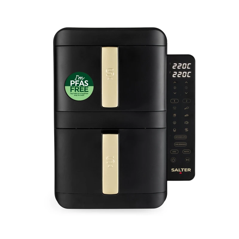 Salter VertiCook Ultra Stackable Air Fryer - Vertical 9 L Digital Air Fryer, 2 x 4.5L Baskets & Racks, 9 Functions, Sync & Match, PFAS-Free Grill Tray, Space Saving, 60-230°C, 60-Min Timer, 2400W