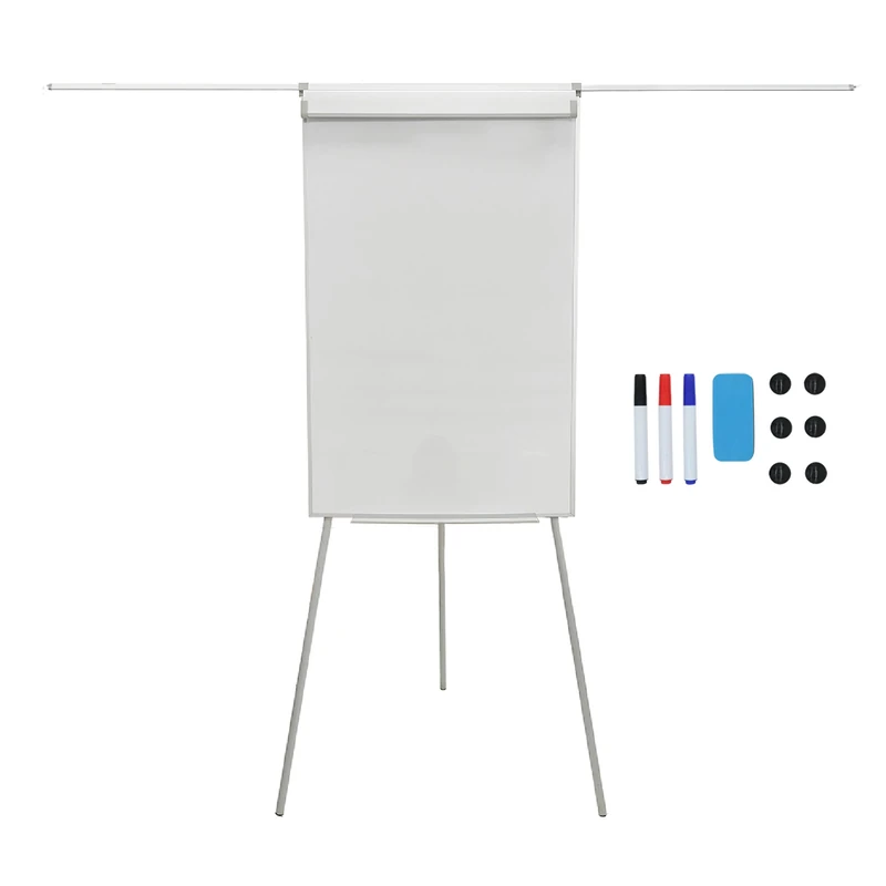 Relaxdays Magnetic Flipchart Whiteboard, Height-Adjustable, Tripod, Aluminium Frame, Pen Tray, 100x70 cm, White