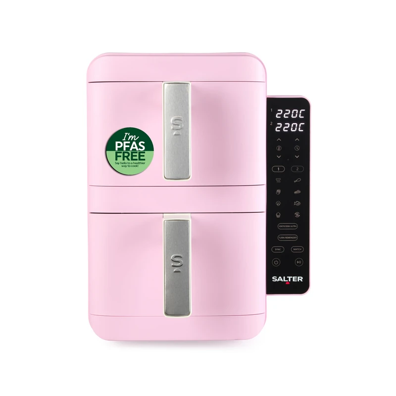 Salter VertiCook Ultra Stackable Air Fryer - Vertical 9L Digital Air Fryer, 2 x 4.5L Baskets & Racks, 9 Functions, Sync & Match, PFAS-Free Grill Tray, Space Saving, 60-230°C, 60-Min Timer, 2400W, Pink