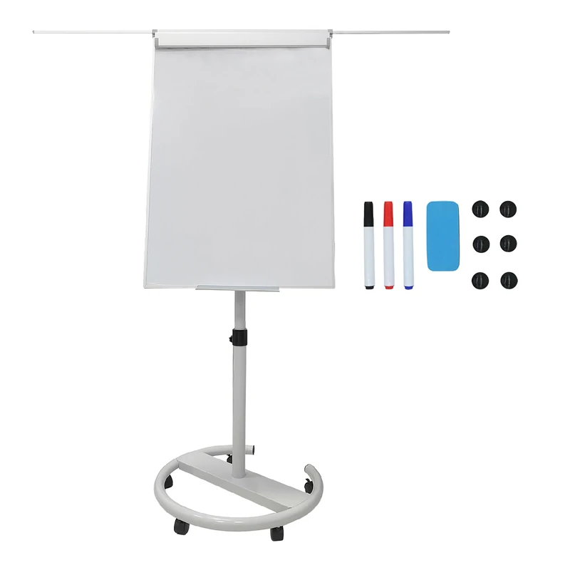 Relaxdays Flipchart Whiteboard, Magnetic, Height-Adjustable, Castors, Pen Tray, Aluminium Frame, 200x70x65 cm, White