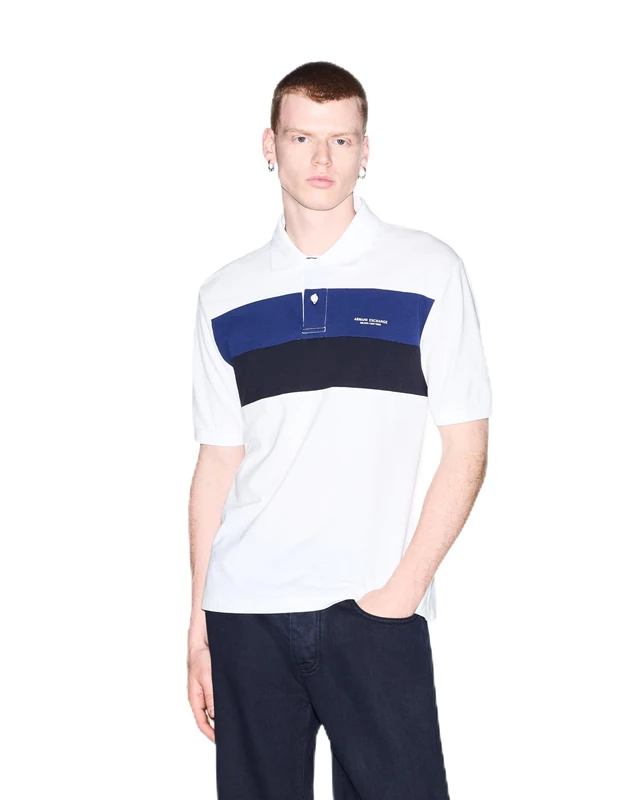 Armani Exchange A|X Men's Two Stripe 100% Cotton Piquet Polo Shirt, Off White XXL