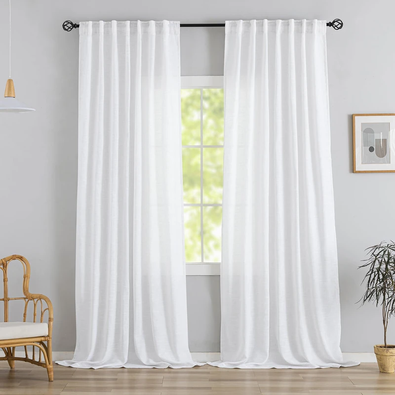 DONREN White Linen Back Tab Curtains 95 Inches Long 2 Panels for Bedroom,Modern Farmhouse Hooks Belt Pleated Semi Privacy Drapes Shabby Chic Light Filtering Window Curtains W72 x L95