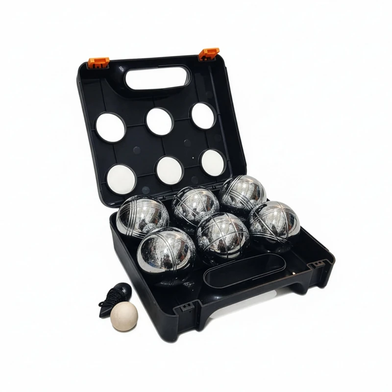 Relaxdays Boule Balls, 6 Steel Balls, Set with Target Ball, Measuring Tool & Case, Boule Game, Black/Silver