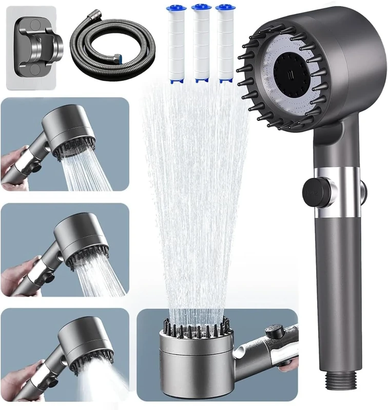 Shower Head with High Pressure (Clean Tub & Pet), Multi-Mode Shower Heads with 1.5M Hose and Holder, Filtered Showerhead for Remove Chlorine, Massage Shower Heads with ON/Off Switch, Gray