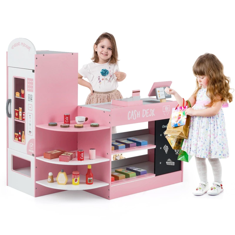 GYMAX Kids Grocery Store, Wooden Market Play Shop (Pink)