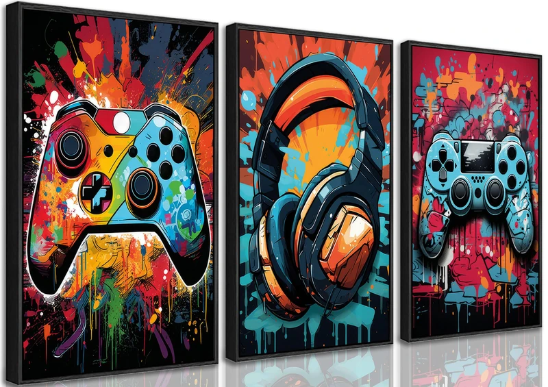 3Pcs Framed Cool Gaming Wall Art Retro Video Gamer watercolor Posters Pictures Colorful Neon Gamepad Canvas Painting Prints for Boys Room Kids Gamer Room Bedroom for Boys Home Decoration