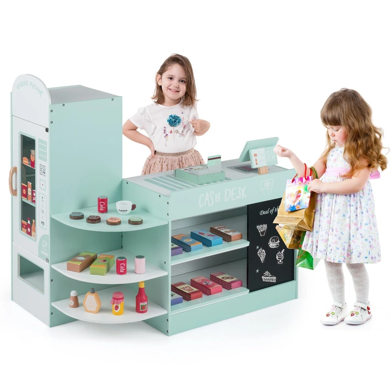 GYMAX Kids Grocery Store, Wooden Market Play Shop (Green)