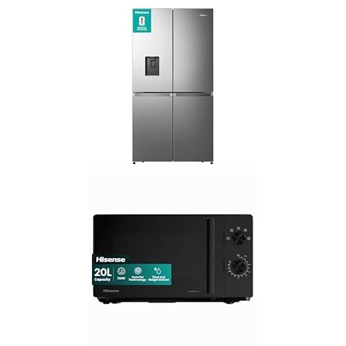 Bundle of Hisense RQ758N4SWSE 606L Frost Free American Style Fridge Freezer + Hisense 700 Watts 20 Litre Microwave Oven H20MOBP1HIUK Black, H24.1 x W43.4 x D32.9 cm Freestanding