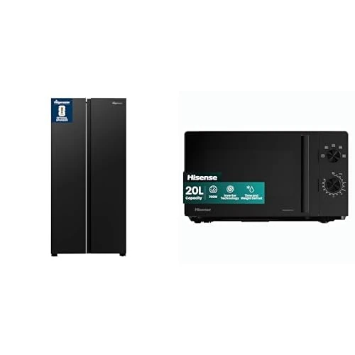 Bundle of Fridgemaster MS83430EB Freestanding Slim American Side by side Door Fridge Freezer 441L, Black, 83.2x178.0cm + Hisense 700 Watts 20 Litre Inverter Microwave Oven H20MOBP1HIUK Black