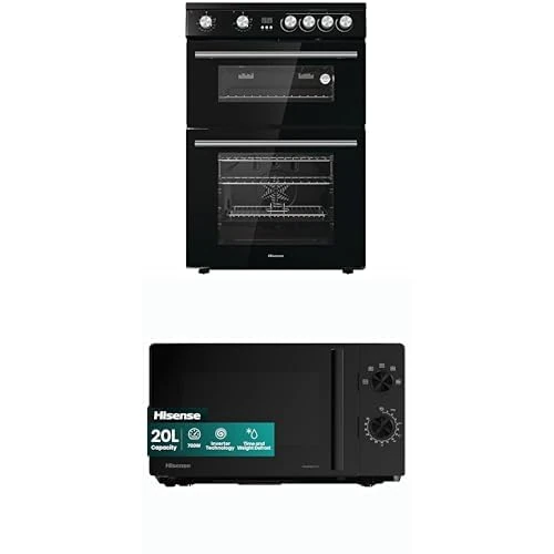 Bundle of Hisense HDE3211BBUK 60cm Electric Cooker with Ceramic Hob-Black + Hisense 700 Watts 20 Litre Inverter Microwave Oven H20MOBP1HIUK Black, Automatic Defrost, H24.1 x W43.4 x D32.9 cm