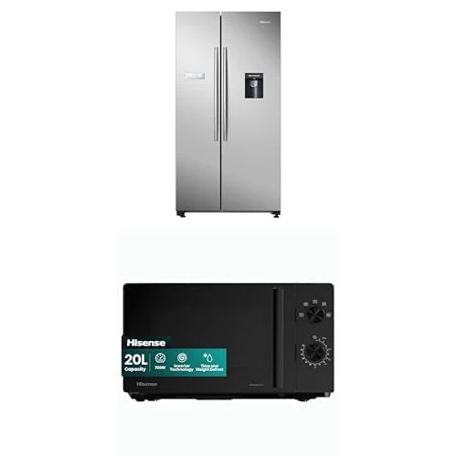 Bundle of Hisense RS741N4WCE Freestanding American Side by side Fridge Freezer 578 litre, Silver, 90.8 × 179.3 × 74.3 cm (W×H×D) + Hisense 700 Watts 20 Litre Inverter Microwave Oven H20MOBP1HIUK Black