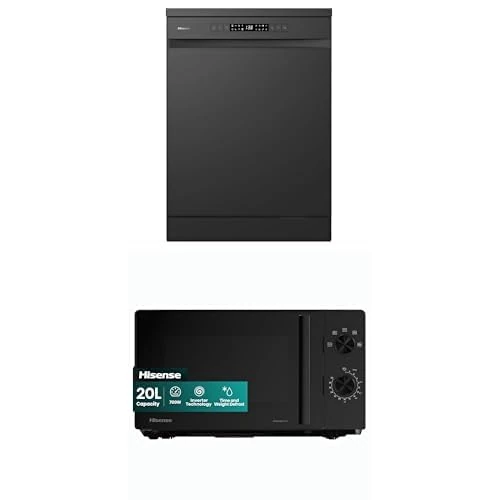 Bundle of Hisense HS622E90BUK Freestanding Standard Dishwasher- E Rated, Black + Hisense 700 Watts 20 Litre Inverter Microwave Oven H20MOBP1HIUK Black, Automatic Defrost, 5 power levels, Easy Clean