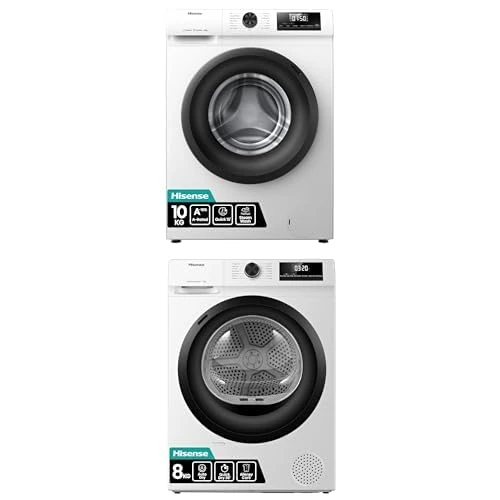 Bundle of Hisense WF1Q1041BW 10 KG Front Load Washing Machine, 15 Washing Programs 1400 RPM White + Hisense DH1Q802BW2 8 KG Heatpump Front Load Tumble Dryer, Steam Refresh, Allergy Care - White