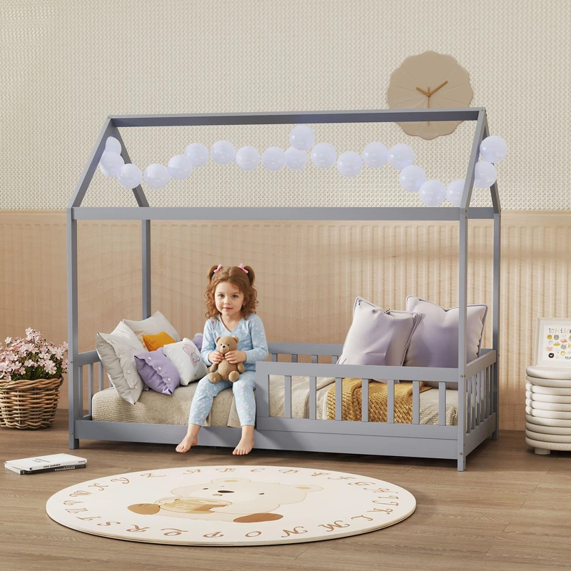HOMCOM Toddler Bed Kids Single Bed Frame, House-Shaped Solid Pine Wood with Guard Rails for Kids Boys and Girls, Grey