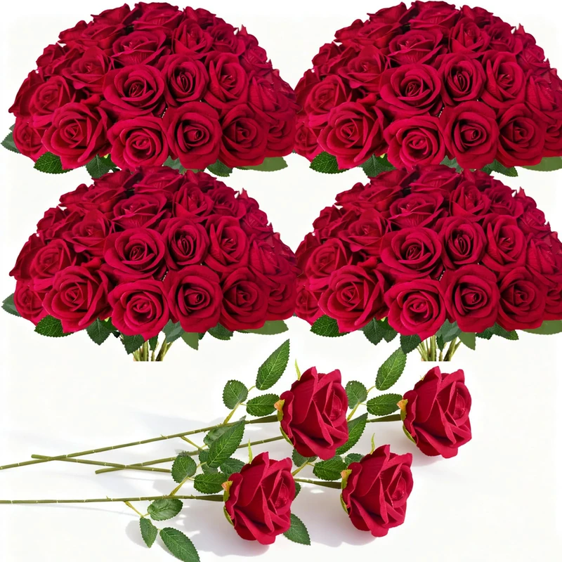 Cherica 100Pcs Red Roses Artificial Flowers with Stems，Fake Roses Bouquet Fake Flowers Bulk，Silk Velvet Roses for Wedding Centerpieces Arrangement Baby Shower Birthday Home Decor Gifts