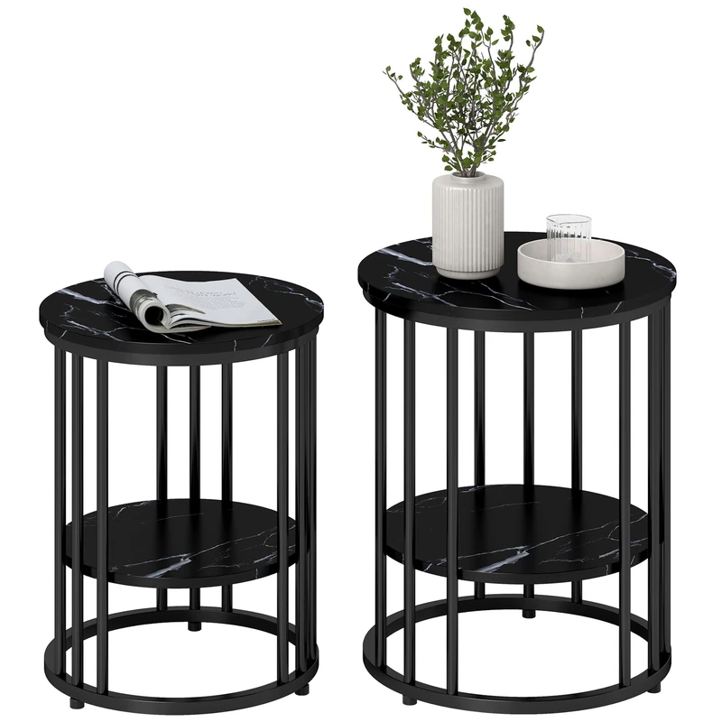 HOMCOM Round Coffee Table Set of 2, Marble-Effect Side Tables with Storage Open Shelf and Steel Frame for Living Room, Bedroom, Black Marble Effect