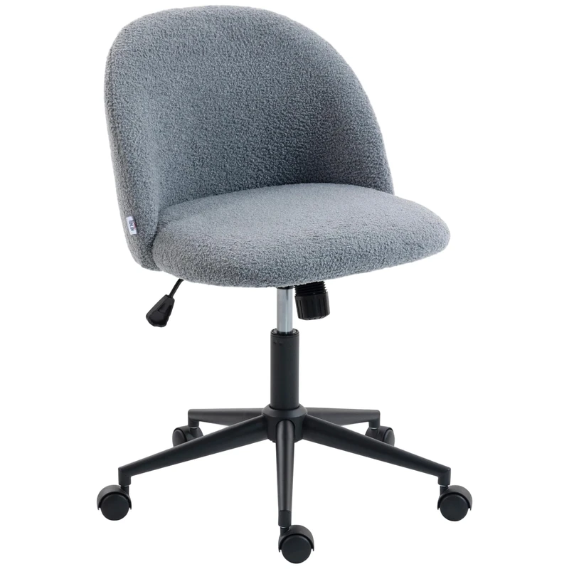 HOMCOM Computer Desk Chair, Teddy Fleece Swivel Office Chair with Height Adjustable, Wheels, High-Resilience Foam, Tilting Function, for Home Study Bedroom Makeup Vanity, Grey