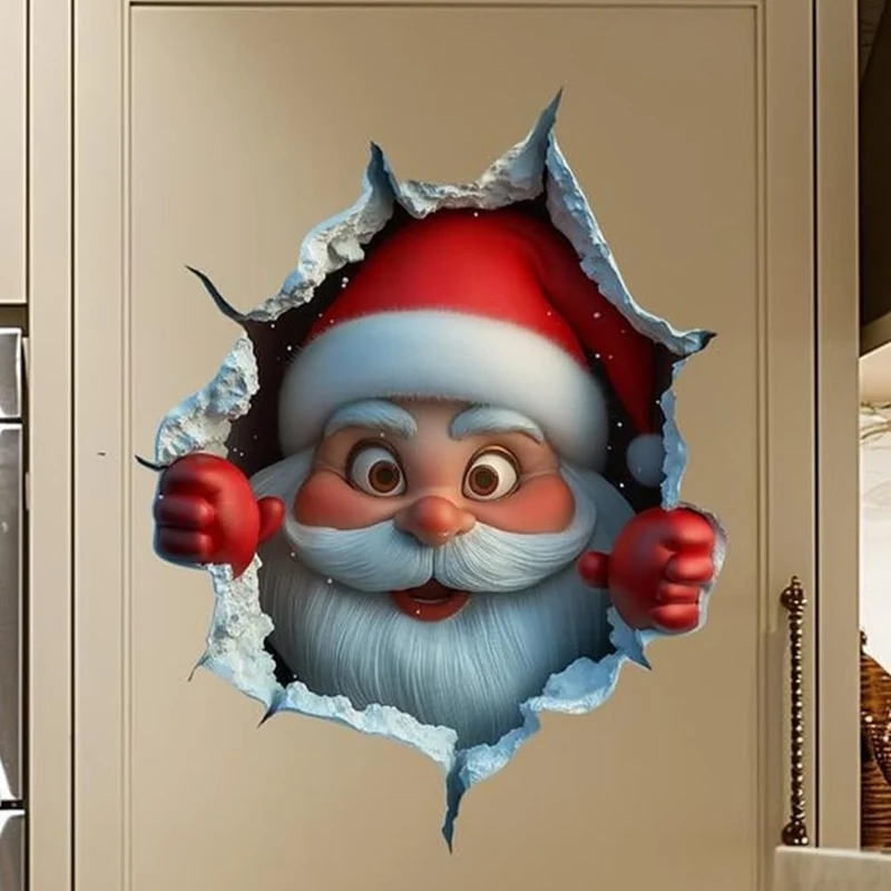 Christmas Creative Wall Sticker, Santa Claus Breaking Through Wall Design, 3D Visual Effect Santa Claus Wall Decals, Removable Winter Holiday Xmas Break Through Walls Decor, Window Refrigerator Decor