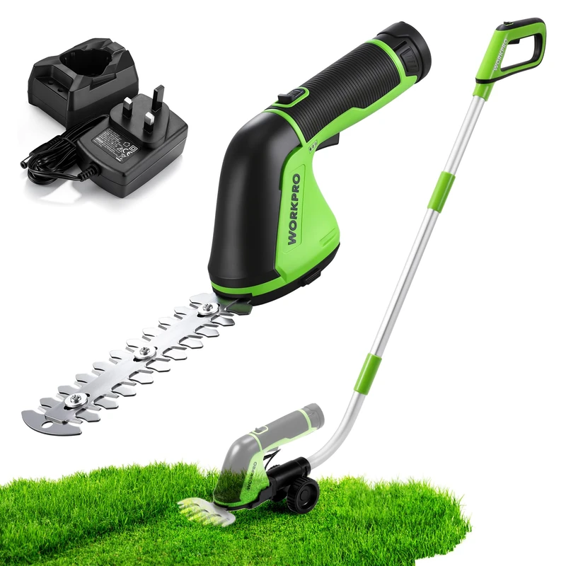 WORKPRO 12V Cordless Hedge Trimmer & Grass Shear, 2-in-1 Small Shrub Trimmer with Wheeled Extension Pole and Removable 2Ah Battery for Shrubing, Trimming and Pruning - Image 1