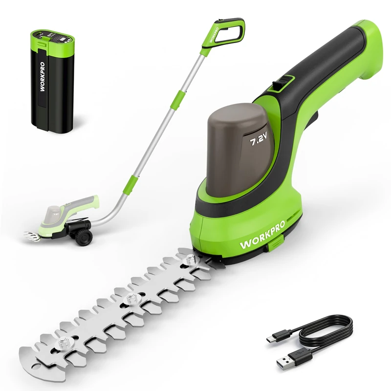 WORKPRO 7.2V Cordless Hedge Trimmer & Grass Shear, 2-in-1 Small Shrub Trimmer with Wheeled Extension Pole and Removable 2Ah Battery for Shrubing, Trimming and Pruning - Image 1
