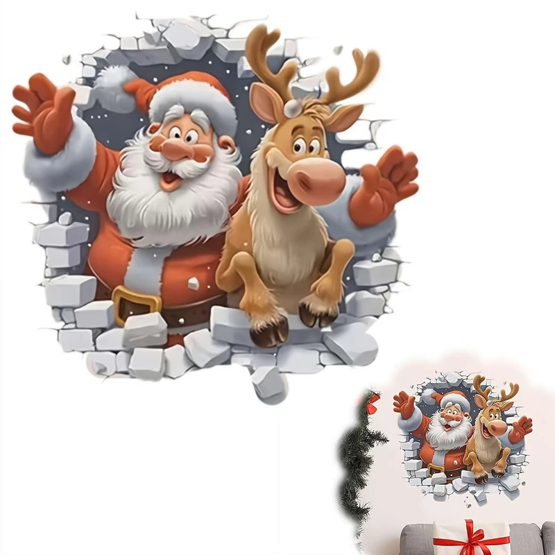 3D Wall-Breaking Santa Claus Wall Stickers, Cute Christmas Walls Decals Peel and Stick, 3D Santa Claus Christmas Walls Stickers, Removable Winter Xmas Decor for Refrigerator Room Decor