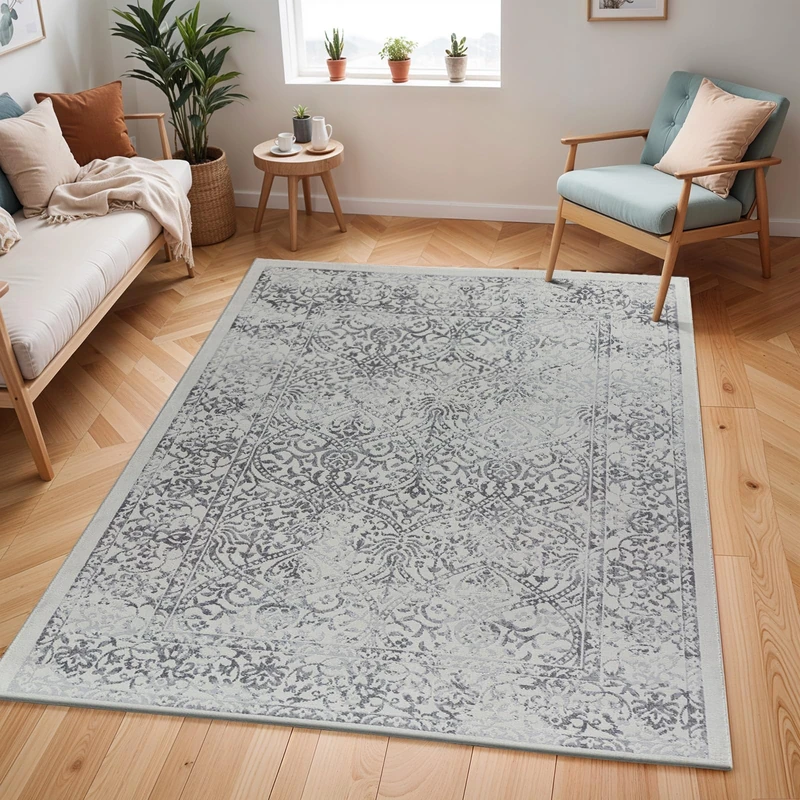Livabliss Faro Vintage - 80x220 cm, Runner for Living Room, Bedroom, Scandi Neutral, Traditional Patterned Boho Style, Natural, Easy Care, Medium Pile, Runner, Light Slate, Cream, Gray