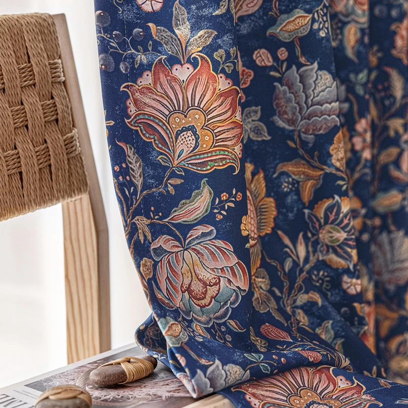 FMFUNCTEX 100% Boho Blackout Floral Curtains for Bedroom, Vintage Flower Patterned Blue Curtains 84 Inch Length for Living Room Darkening Thermal Insulated Grommet Window Farmhose Drapes 2 Panels