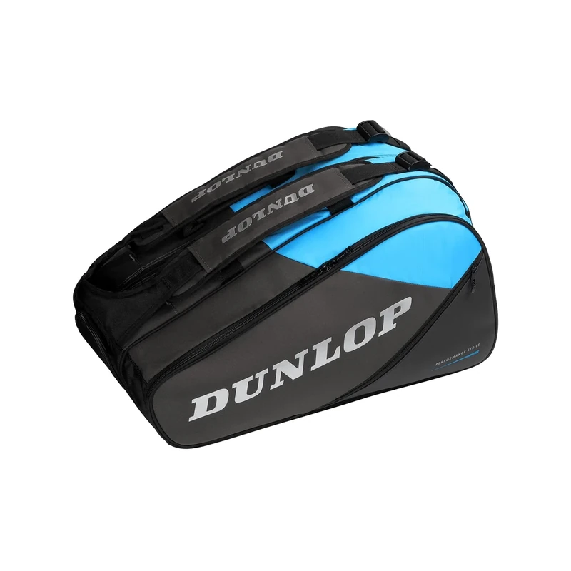 DUNLOP FX Performance Padel Bag – 3-Compartment Thermal Racket Bag 65L – Black/Gun Metal/Cyan – Premium Backpack Style