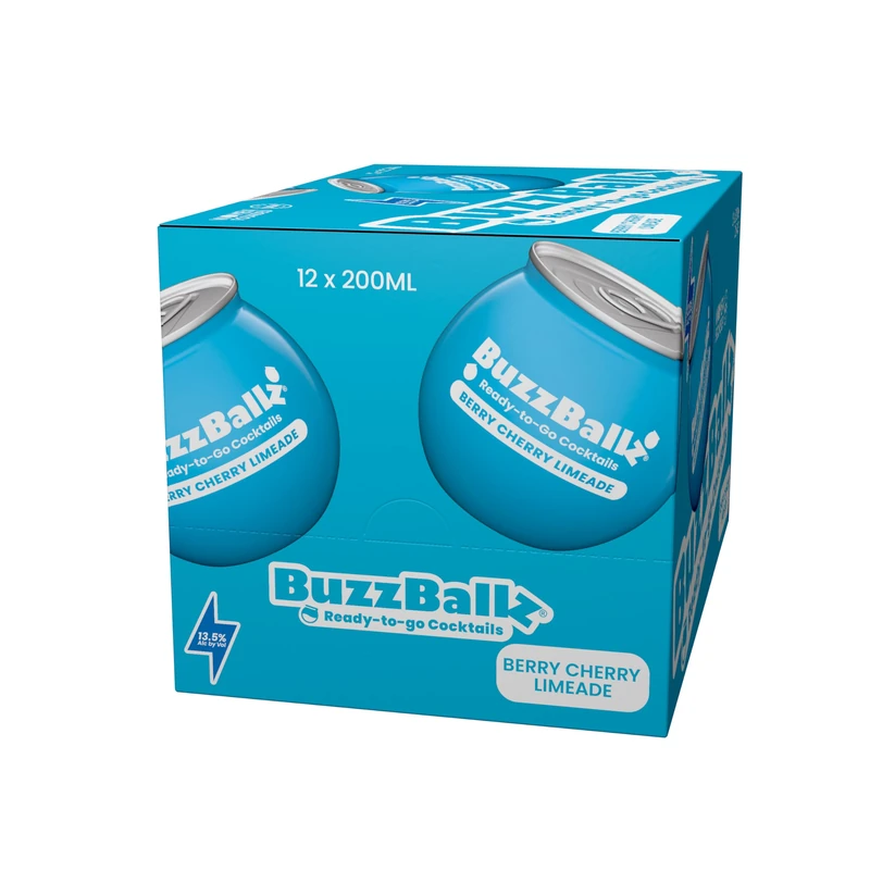 BuzzBallz Berry Cherry Limeade, Ready to Drink Berry Cocktail, 13.5% ABV, 12x200ml, Ideal for Parties, Pre Mixed Cocktail Made from Vodka, Cherry, Blue Raspberry & Lime