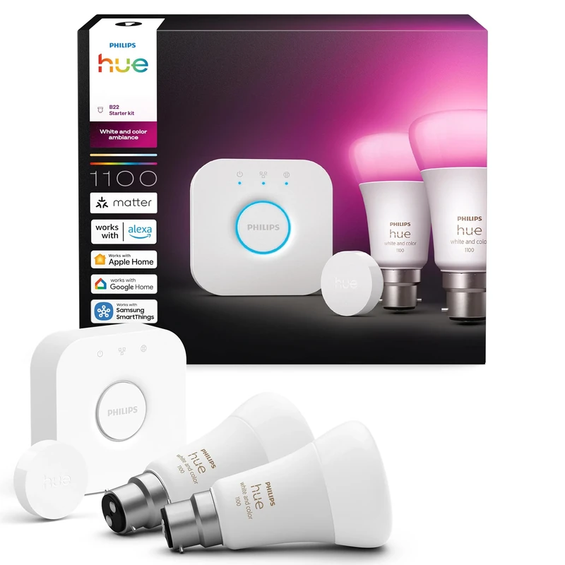 Philips Hue Starter Kit: Bridge + 2 A60 B22 Smart Spotlights + Smart Button, White and Color Ambiance, Smart Light Hub, Works with Apple Home, Amazon Alexa, Google Assistant, Samsung SmartThings