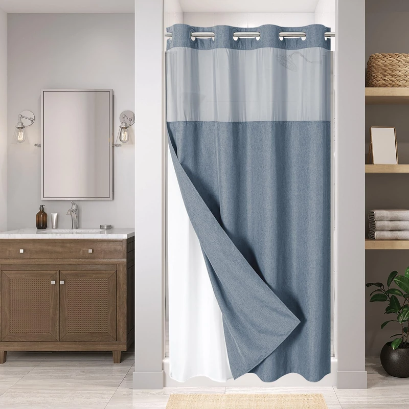 eachope Stall No Hooks Needed Linen Textured Shower Curtain with Snap-in Fabric Liner Set,Hotel Luxury Decor Shower Curtains for Bathroom,Waterproof & Washable,60Wx74H,Blue Grey