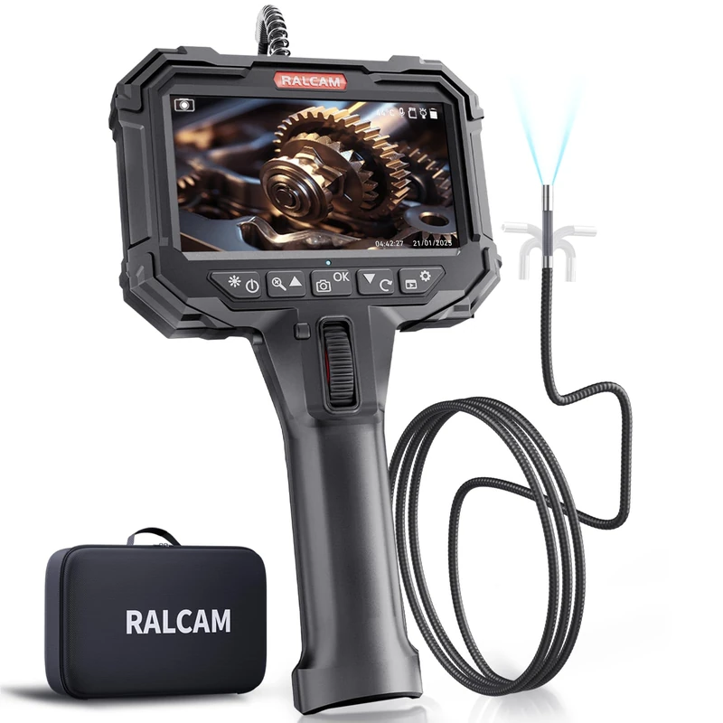 Ralcam Endoscope Camera with Light, 210° Movable Head, 6.2 mm Probe, 5 Inch HD Screen, IP67 Inspection Camera, 1.5 m Elastic Snake Tube Camera for Car and Home