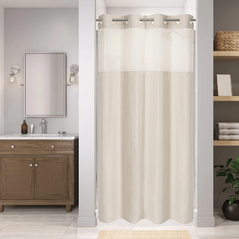 eachope Stall No Hooks Needed Linen Textured Shower Curtain with Snap-in Fabric Liner Set,Hotel Luxury Decor Shower Curtains for Bathroom,Waterproof & Washable,54Wx74H,Cream