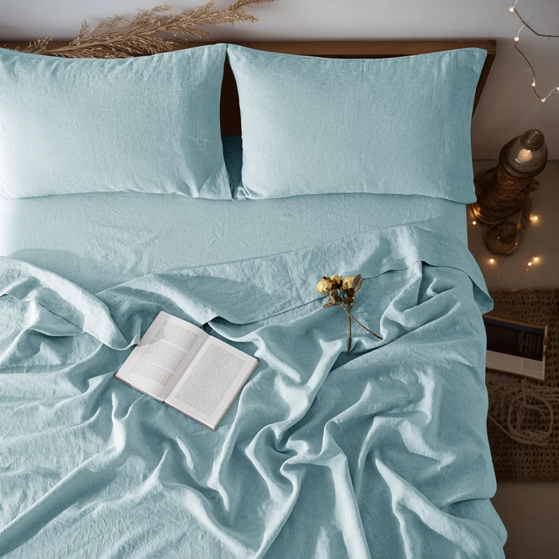 LBRO2M 100% Linen Sheet Set 16" Deep Pocket Queen Size,Bed Sheets 4 Piece Sets,Solid Color Natural Flax Bed Sheets Soft Breathable Bedding, All Season (Queen, Ocean Blue)