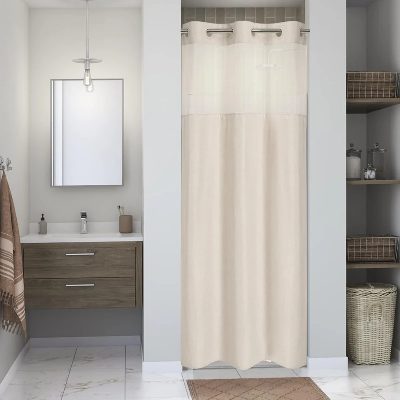 eachope Stall No Hooks Needed Linen Textured Shower Curtain with Snap-in Fabric Liner Set,Hotel Luxury Decor Shower Curtains for Bathroom,Waterproof & Washable,48Wx74H,Cream