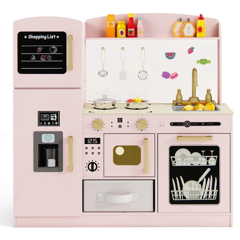 GYMAX Wooden Toy Kitchen, Kids Cooking Role Playset with Stoves, Microwave, Ice Maker, Dishwasher, Chalkboard and Accessories, Play Kitchen for 3+ Years Old (Pink, 86 x 27 x 83 cm)