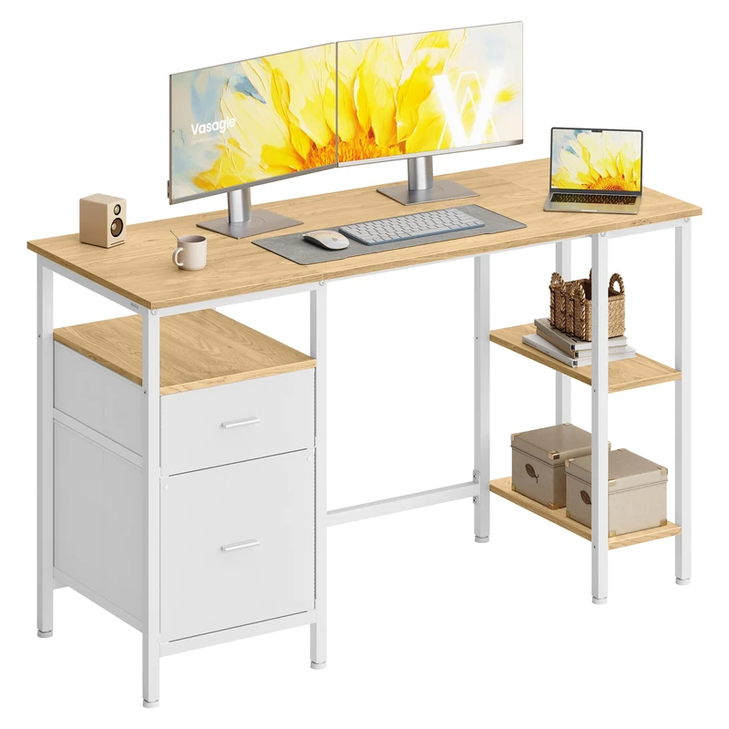 VASAGLE Computer Desk, Work Desk with Storage, 3 Shelves, 2 Drawers, 127 x 50 x 76 cm, for Home Office, Living Room, Industrial Style, Natural Oak and Matte White LWD103YD01