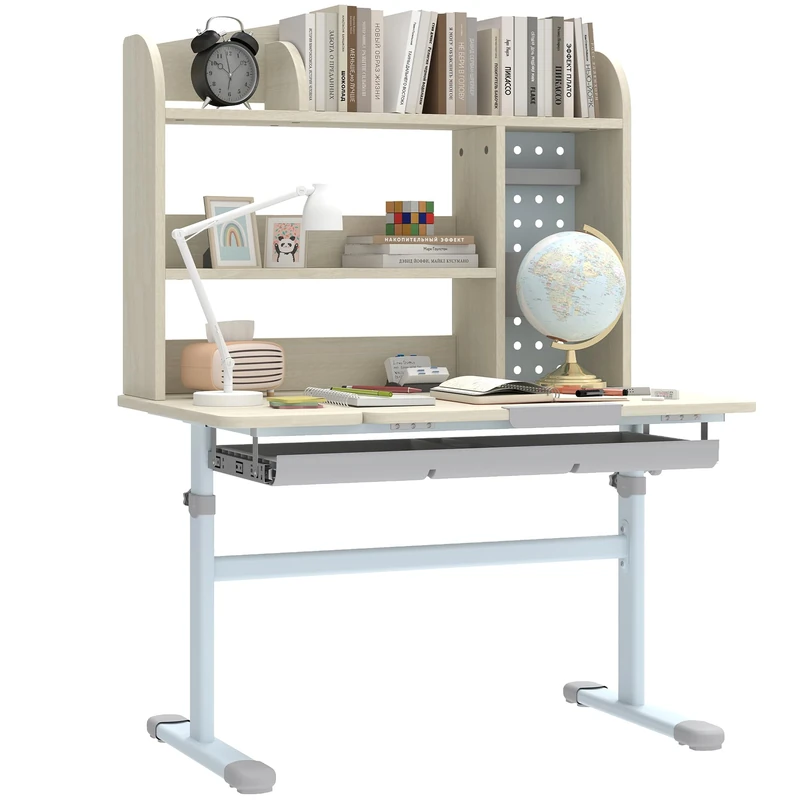 AIYAPLAY Kids Desk, Height Adjustable Children Study Table with Tilt-Desktop, Hutch, Drawer, Storage Shelf, Pegboard, for Reading, Drawing, Studying, Crafting, for 3-12 Years, Natural - Image 1
