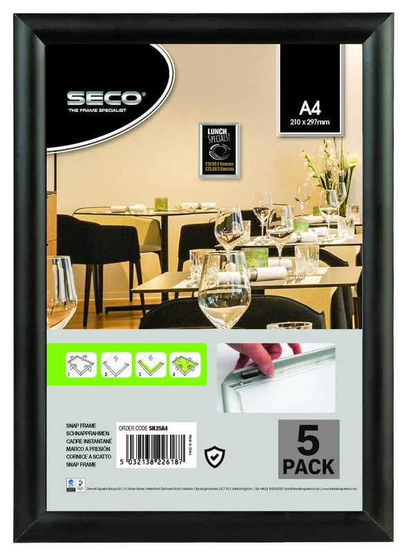 Stewart Superior A3 Aluminium 4 Sided 25mm Front Loading Picture/Poster Snap Frame - Black (Pack of 5)