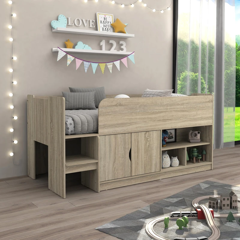 Kidsaw Single Storage Mid Sleeper Cabin Bed with Cupboard and Shelves, Contemporary - White or Oak (Oak)