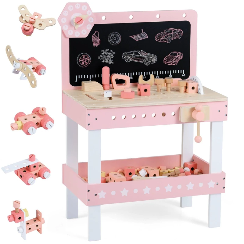 GYMAX Kids Workbench, Wooden Play Workbench (Pink+White)