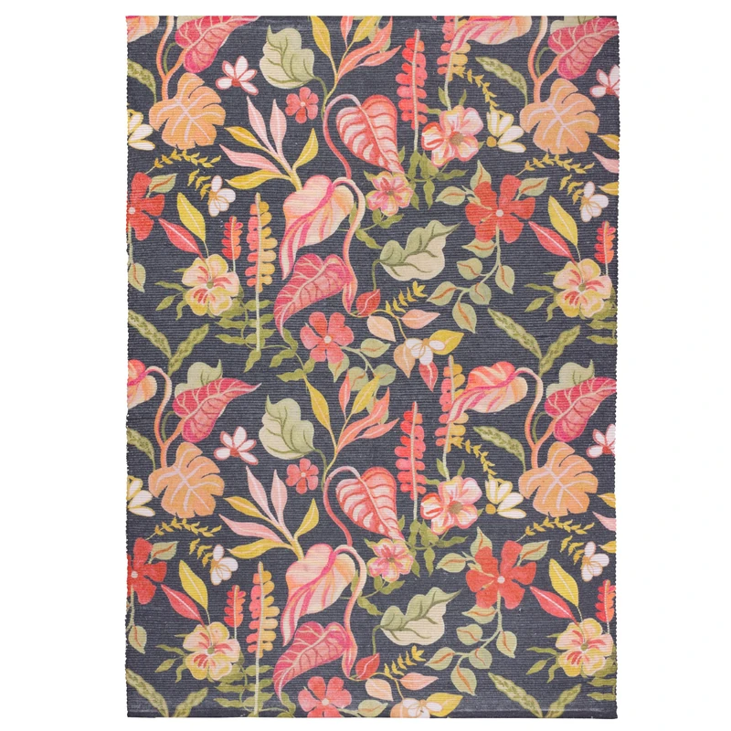furn. Floral Rug – Indoor/Outdoor Vibrant Floral Washable Weather Resistant Woven Rug (Tropical Bloom Black - 120x170cm