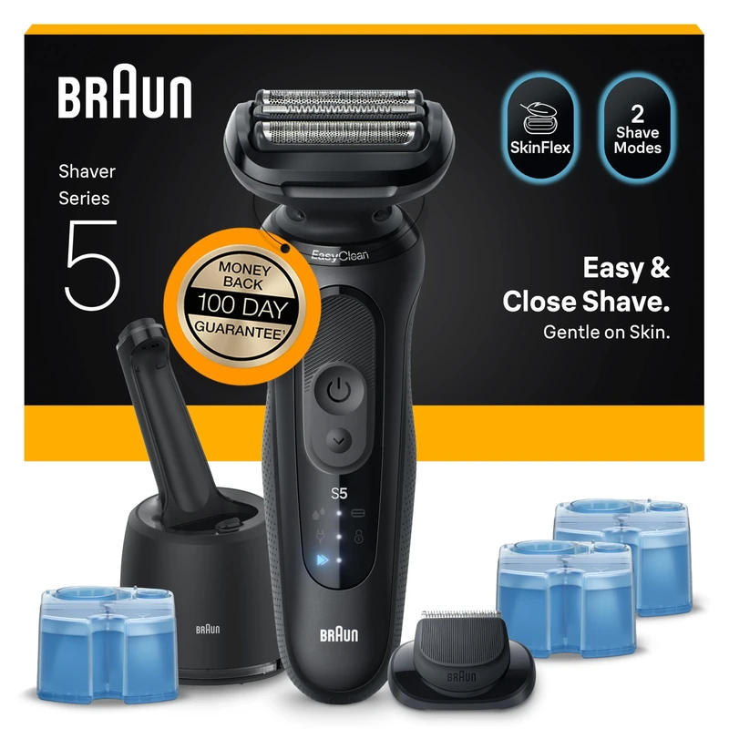 Braun Series 5 Electric Shaver Men + Original SmartCare Refill 2 Pack Bundle, Wet & Dry Electric Razor, Waterproof, 4-in-1 Cleaning Center, Turbo Mode, Braun Shaver Men Grooming Kit