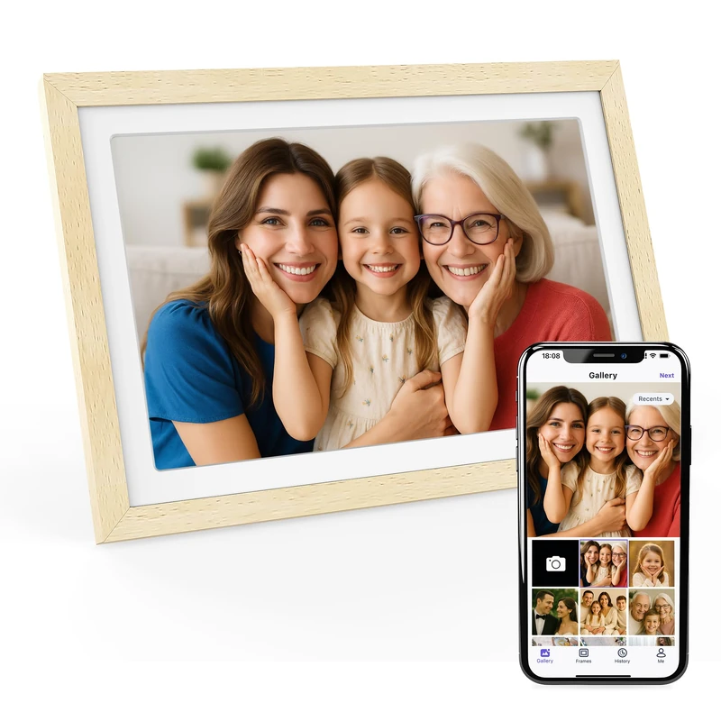 XORO 10.1 Inch WiFi Digital Picture Frame, 1920 x 1080 Full HD 1080P IPS Touch Display, 32GB Memory, Automatic Rotation, Beech Wood, Share Photos Instantly from Anywhere