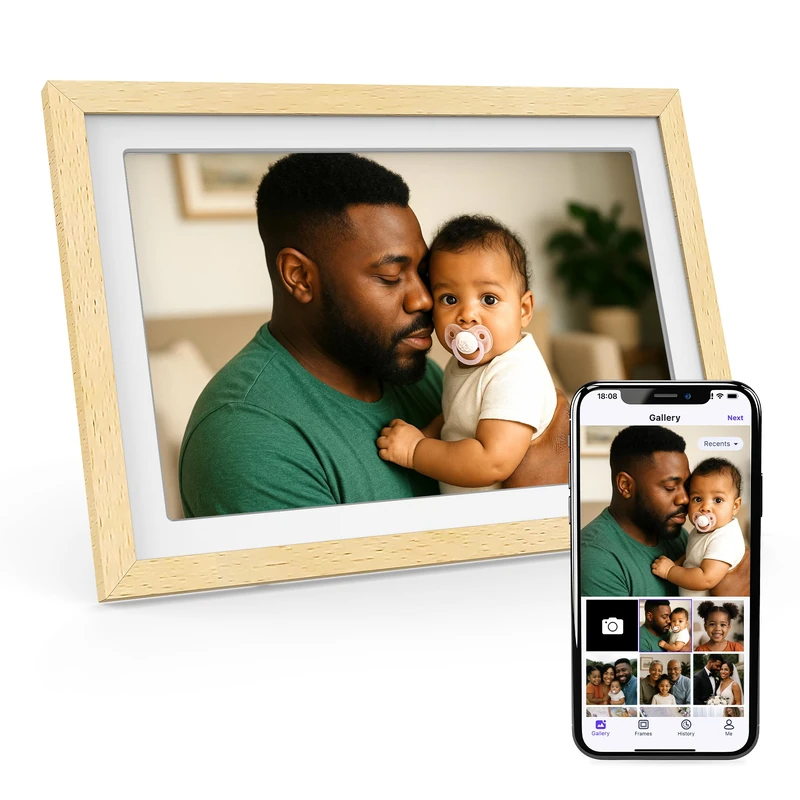 XORO 11 Inch WiFi Digital Picture Frame, 1920 x 1080 Full HD 1080P IPS Touch Display, 32GB Memory, Automatic Rotation, Beech Wood, Share Photos Instantly from Anywhere