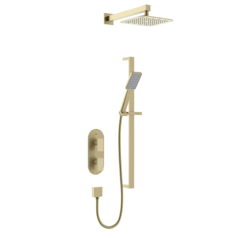 Bristan Tangram Thermostatic Shower Mixer with Easy-Clean Handset and Two Outlets, Brushed Brass Finish
