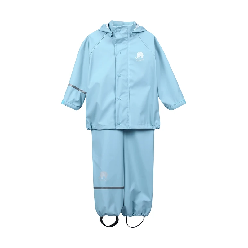 CeLaVi Kids 100% Waterproof Rain Gear Boys Girls Rain Suit – PU Rain Jacket & Pants Set, Windproof, Reflective Stripes, Outdoor Play Rainwear, Cerulean, 70