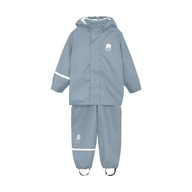 CeLaVi Kids 100% Waterproof Rain Gear Boys Girls Rain Suit – PU Rain Jacket & Pants Set, Windproof, Reflective Stripes, Outdoor Play Rainwear, Smoke Blue, 170