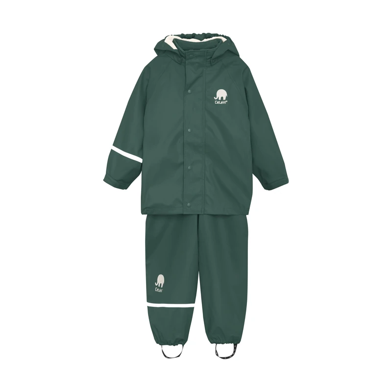 CeLaVi Kids 100% Waterproof Rain Gear Boys Girls Rain Suit – PU Rain Jacket & Pants Set, Windproof, Reflective Stripes, Outdoor Play Rainwear, Ponderosa Pine, 170